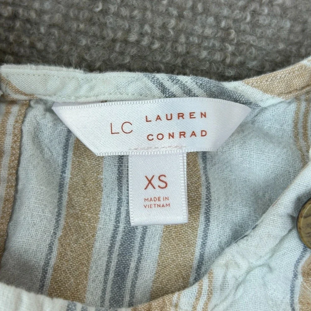 LC Lauren Conrad Top Womens XS White Striped Puff Sleeve Round Hem‎ Keyhole